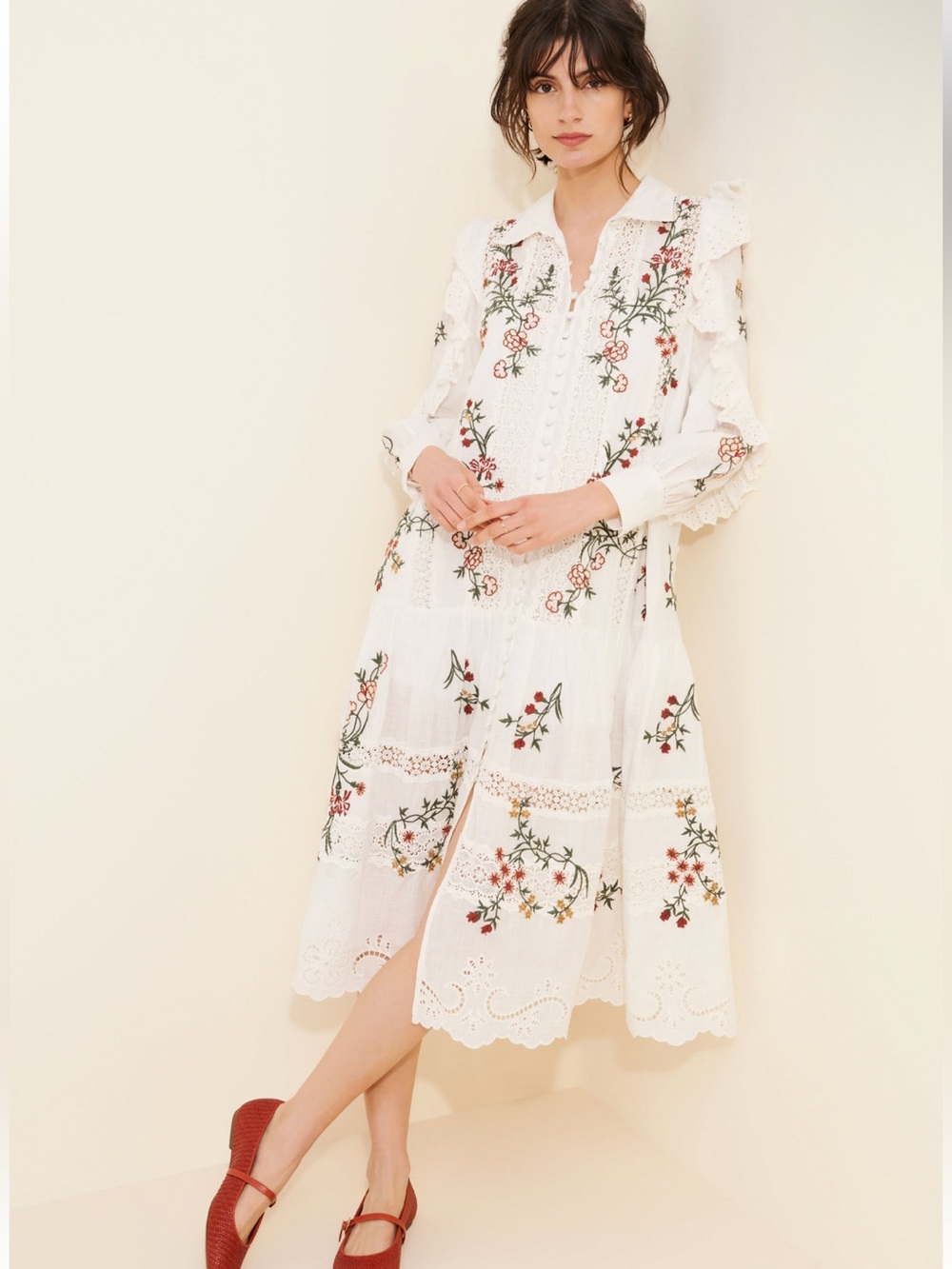 Anthropologie Long-Sleeve V-Neck Eyelet Midi Dress M * no slip
